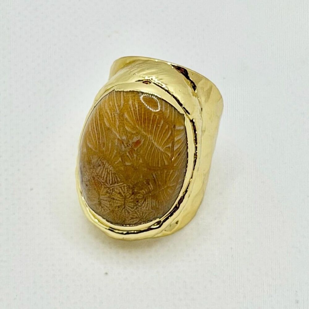 Fossilized Coral Oval Statement Ring in Gold-Tone Hammered Setting